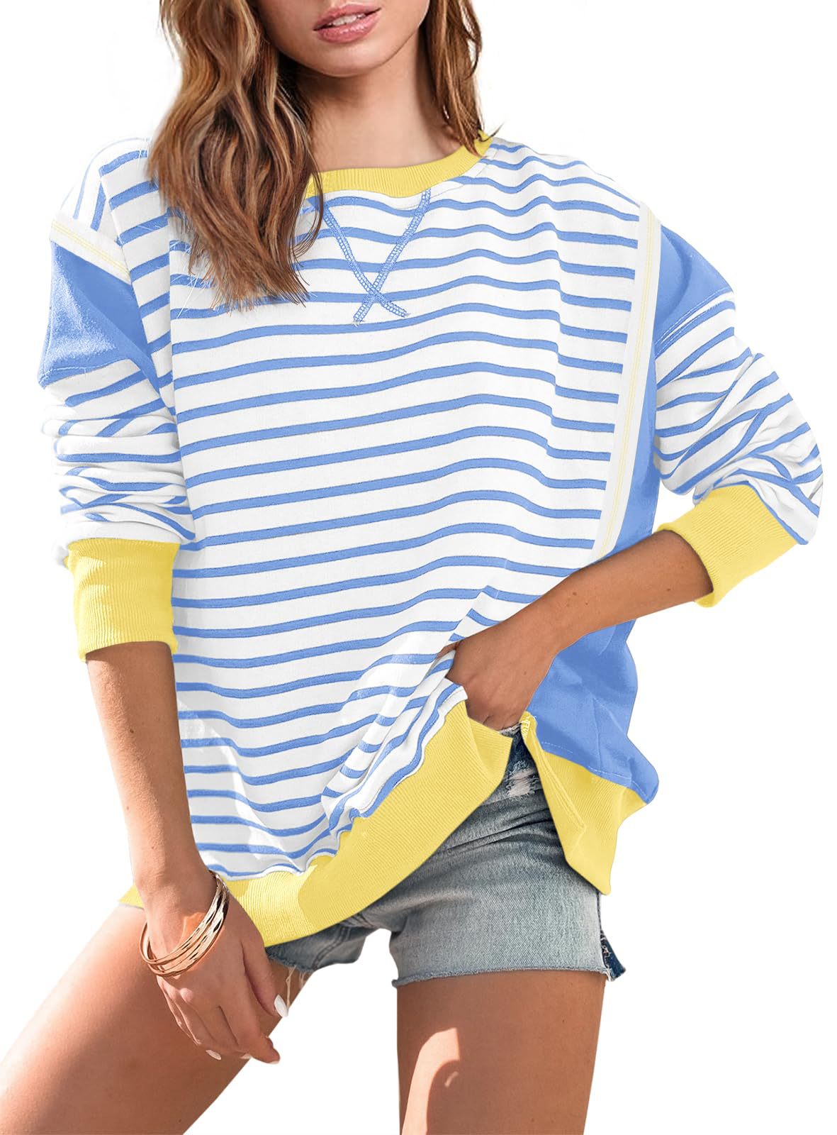 Damen gestreifter Sweatshirt mit übergroßem Schnitt WW