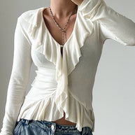 Damen Rüschenbluse mit verführerischem V-Ausschnitt und elastischem Saum WW