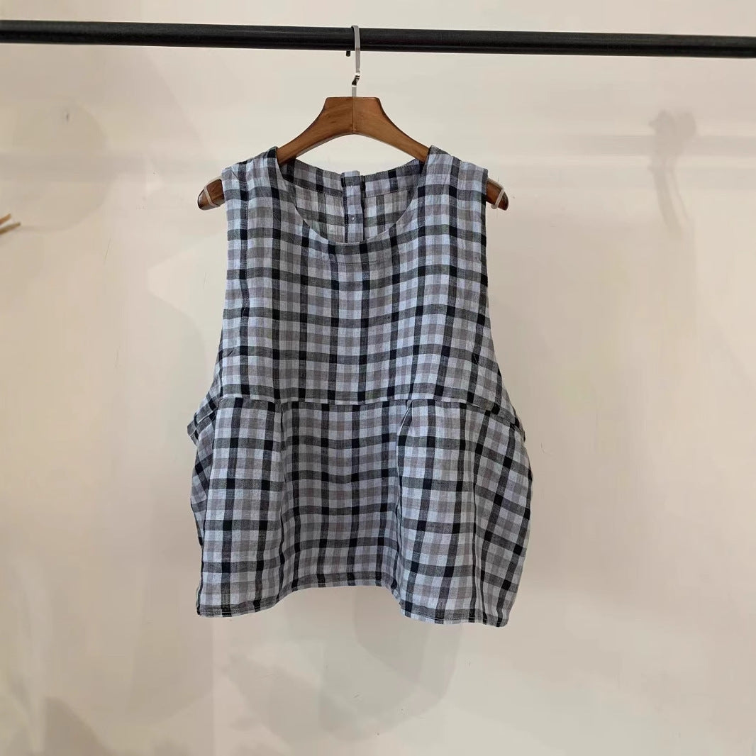 Damen Relaxed Fit Ärmelloses Leinenoberteil mit Seitentaschen WW