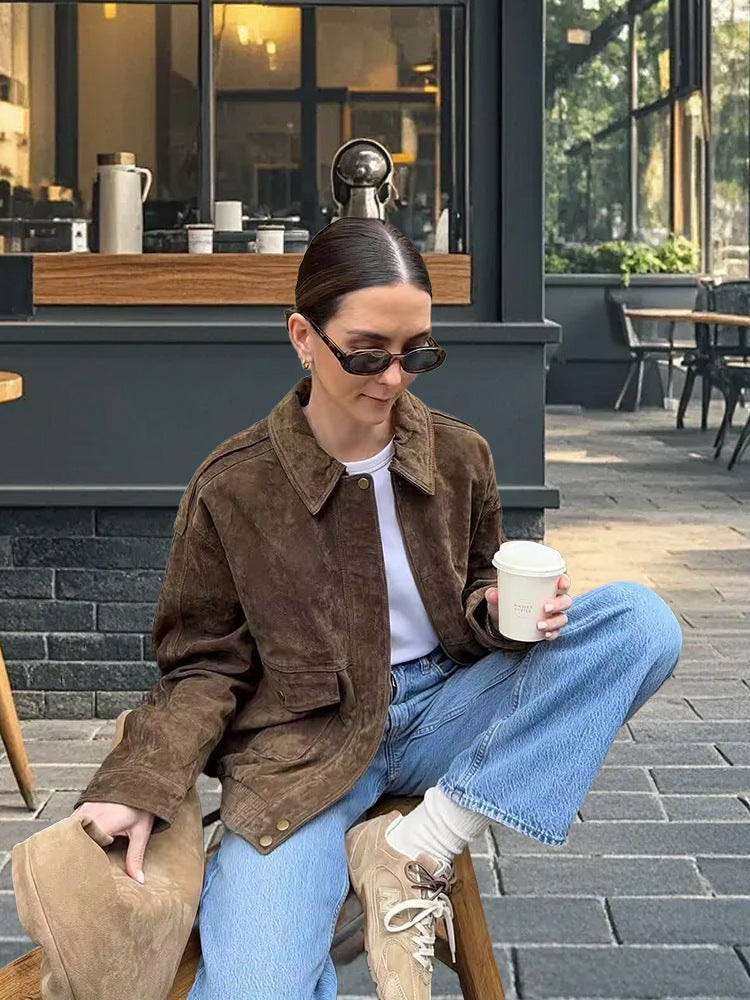 Damen lässige Wildlederjacke mit praktischen Taschen und hochgeschlossenem Kragen WW