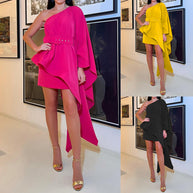 Damen asymmetrisches Cocktailkleid mit weitem Kapellenärmel und eleganter Gürtelschnalle WW
