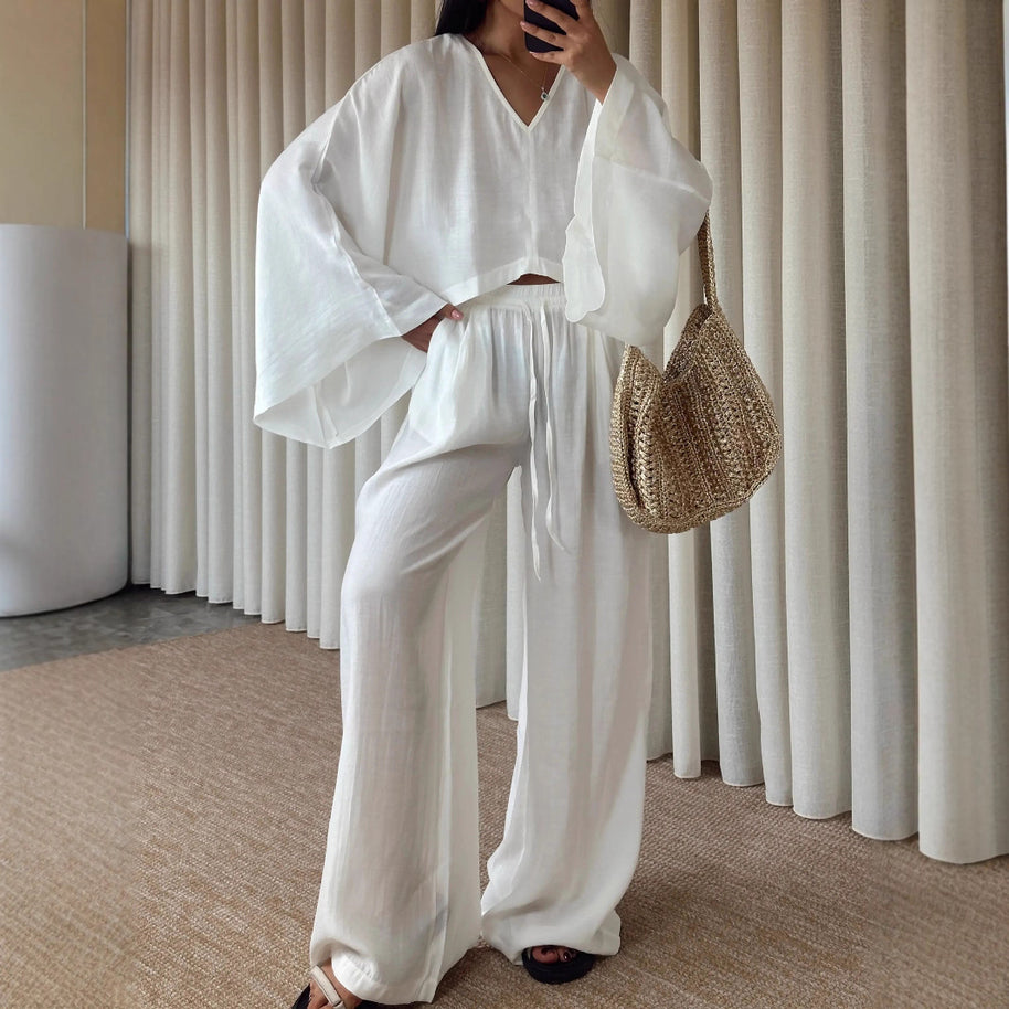 Damen Set aus luftiger Bluse und weitem Hosenanzug WW