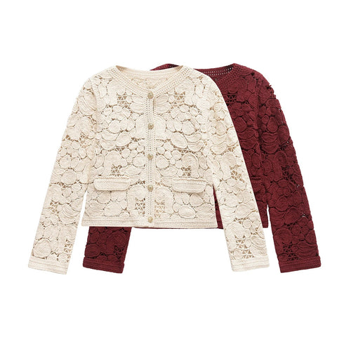 Damen Strickjacke aus feiner Spitze mit dekorativen Knopfdetails und eleganter Silhouette WW
