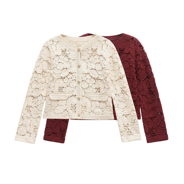 Damen Strickjacke aus feiner Spitze mit dekorativen Knopfdetails und eleganter Silhouette WW