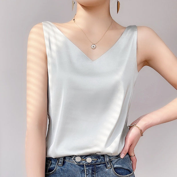 Damen V-Ausschnitt Satinbluse WW