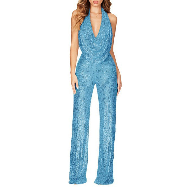 Damen Glamouröser Jumpsuit mit schimmerndem Paillettenbesatz und tiefem V-Ausschnitt W&W Mode