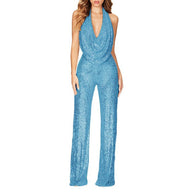 Damen Glamouröser Jumpsuit mit schimmerndem Paillettenbesatz und tiefem V-Ausschnitt WW