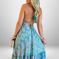 Damen Maxikleid im verspielten Boho-Stil mit tiefem V-Ausschnitt und schwingendem Rock WW