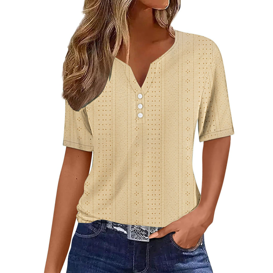 Damen kurzärmeliges T-Shirt mit Knopfdetails und eingewebtem Muster WW