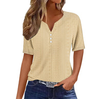 Damen kurzärmeliges T-Shirt mit Knopfdetails und eingewebtem Muster WW