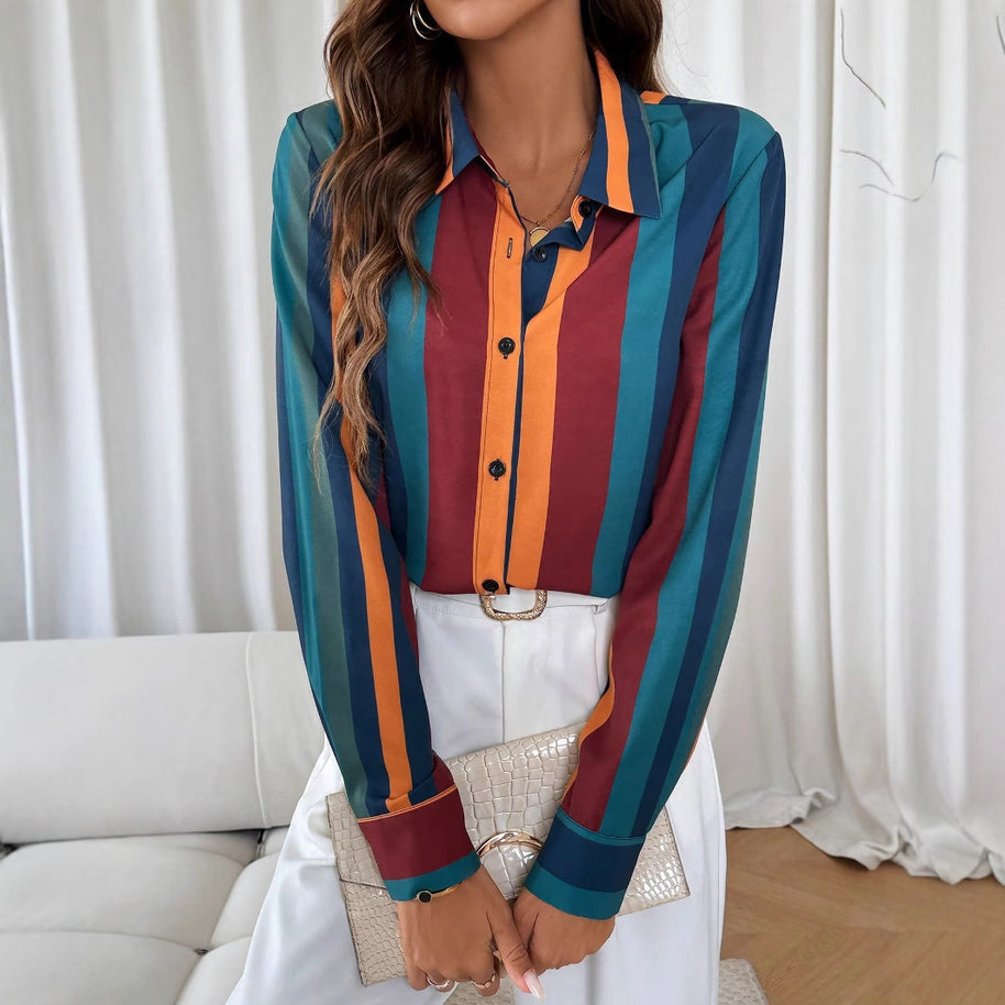 Damen Bluse mit farbenfrohem Streifenmuster und eleganter Knopfleiste WW