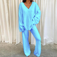 Damen Bequemes Fleece-Loungewear-Set mit V-Ausschnitt WW