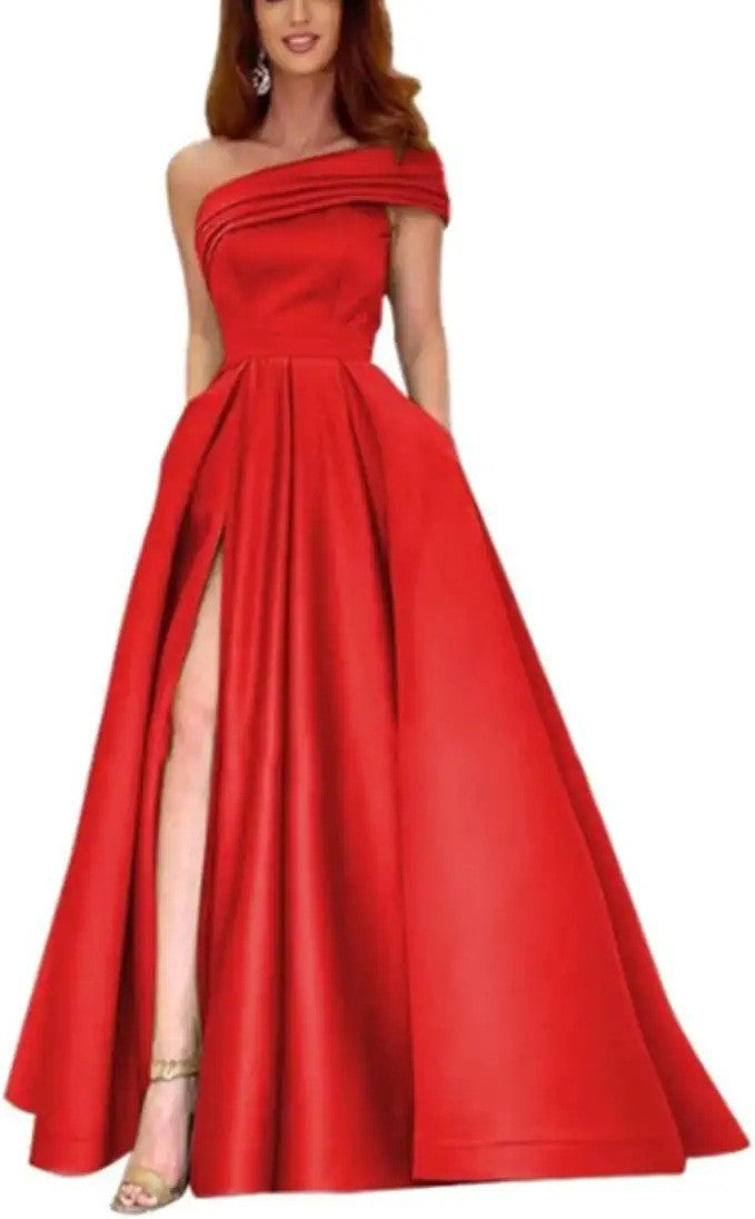 Damen Elegantes Maxikleid mit asymmetrischem Ausschnitt und hohem Beinschlitz WW