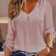 Damen Blusenshirt mit raffiniertem Lochmuster und Knopfdetails WW