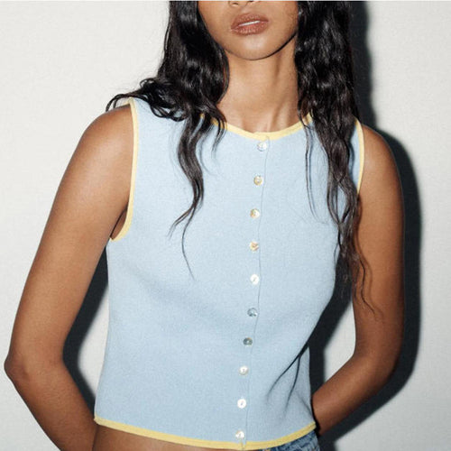 Damen ärmelloses Strickoberteil mit dekorativen Knopfdetails WW