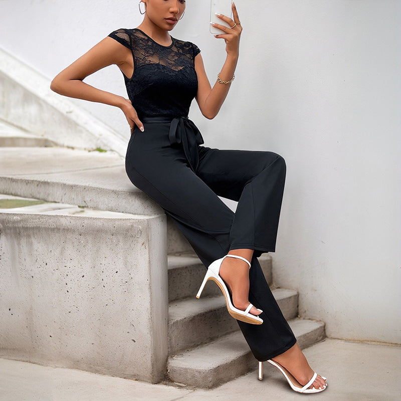 Damen Jumpsuit mit elegantem Spitzenoberteil und taillierbarem Gürtel WW