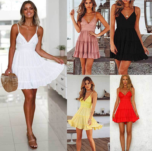 Damen Sommerliches Minikleid mit romantischem Rüschensaum und Spaghettiträgern WW