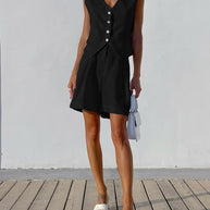 Damen luftiges Leinen-Set mit ärmellosem Blazer und Shorts WW