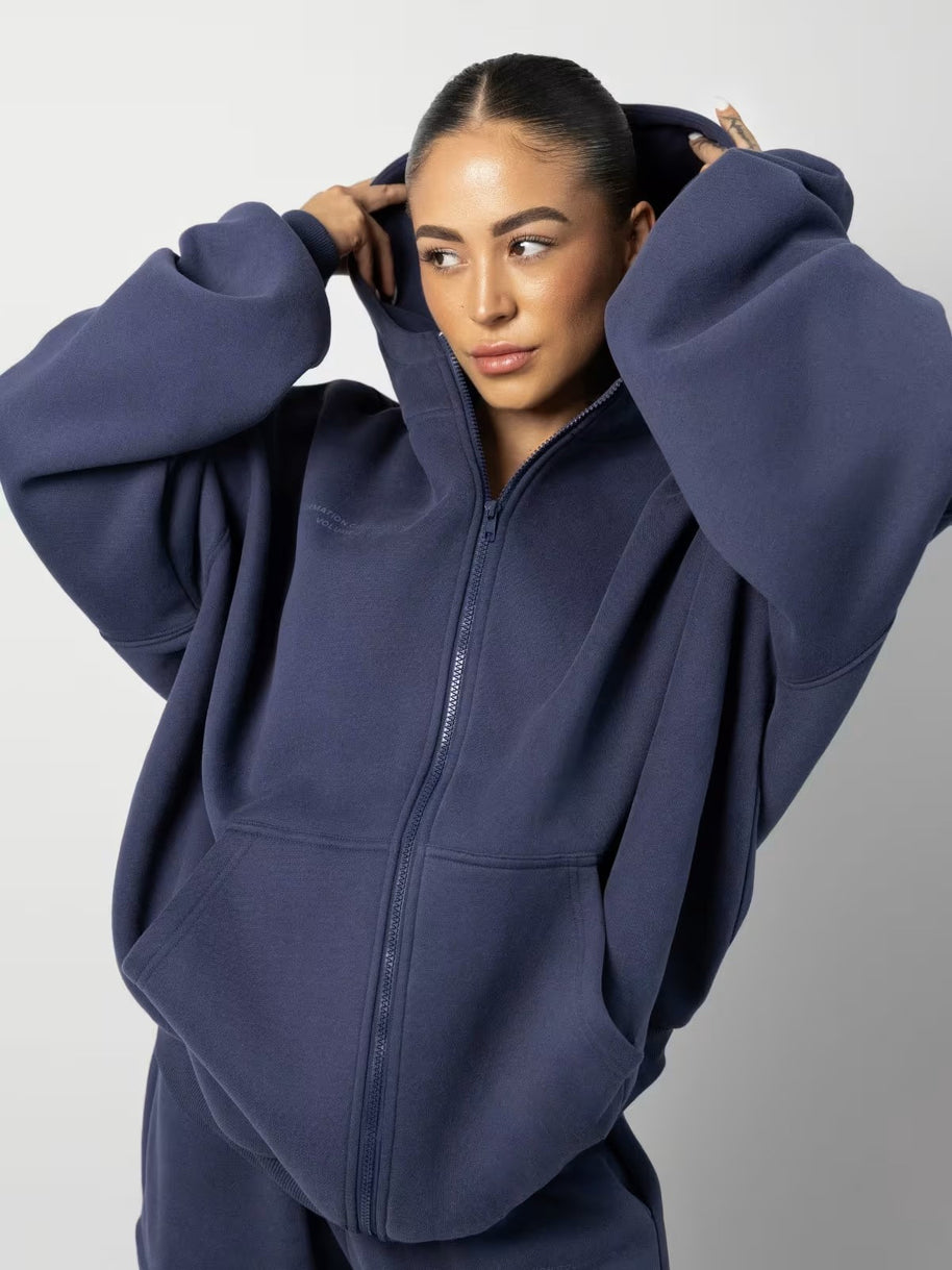 Damen sportliches Fleece-Hoodie-Set mit Reißverschluss und weiten Hosen WW