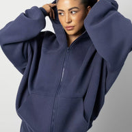 Damen sportliches Fleece-Hoodie-Set mit Reißverschluss und weiten Hosen WW