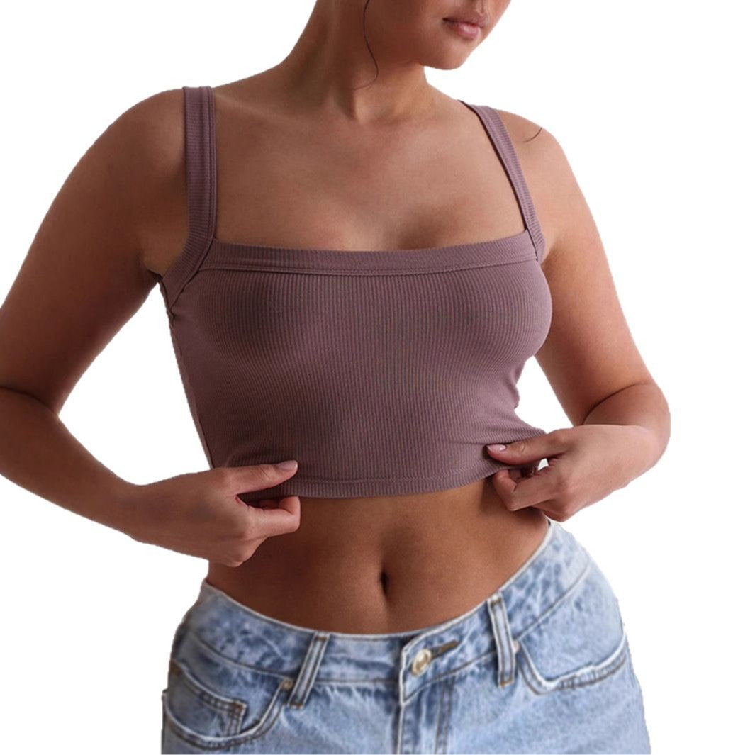 Damen figurbetontes Crop-Top mit breiten Trägern und Rippstruktur W&W Mode
