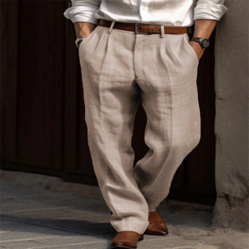 Herren elegante Leinenhose mit Falten und seitlichen Taschen W&W Mode