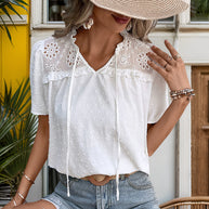 Damen Bluse mit besticktem Kragen und Rüschendetails WW