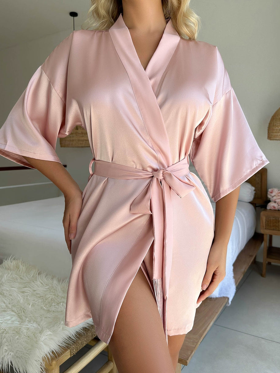 WW Kurzer Cardigan Krawatte Quaste Bademantel Sexy Pyjamas