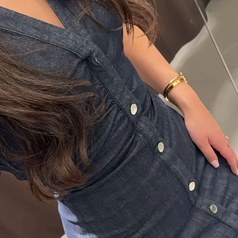 Damen Knielanges Denim Kleid mit elegantem Knopfdesign W&W Mode