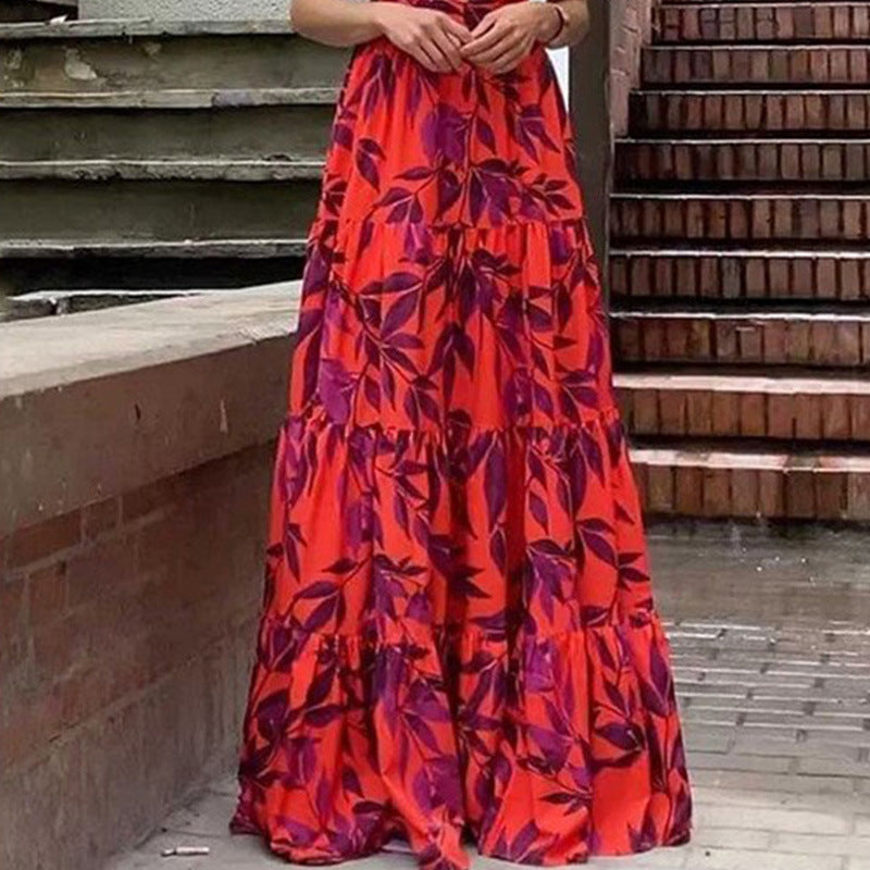 Damen Boho Maxikleid mit voluminösen Rüschenärmeln und gestuftem Rock WW