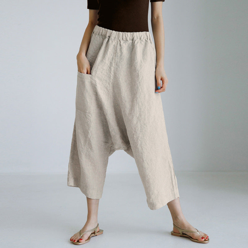 Damen Leinenhose mit weitem Schnitt und elastischem Bund WW