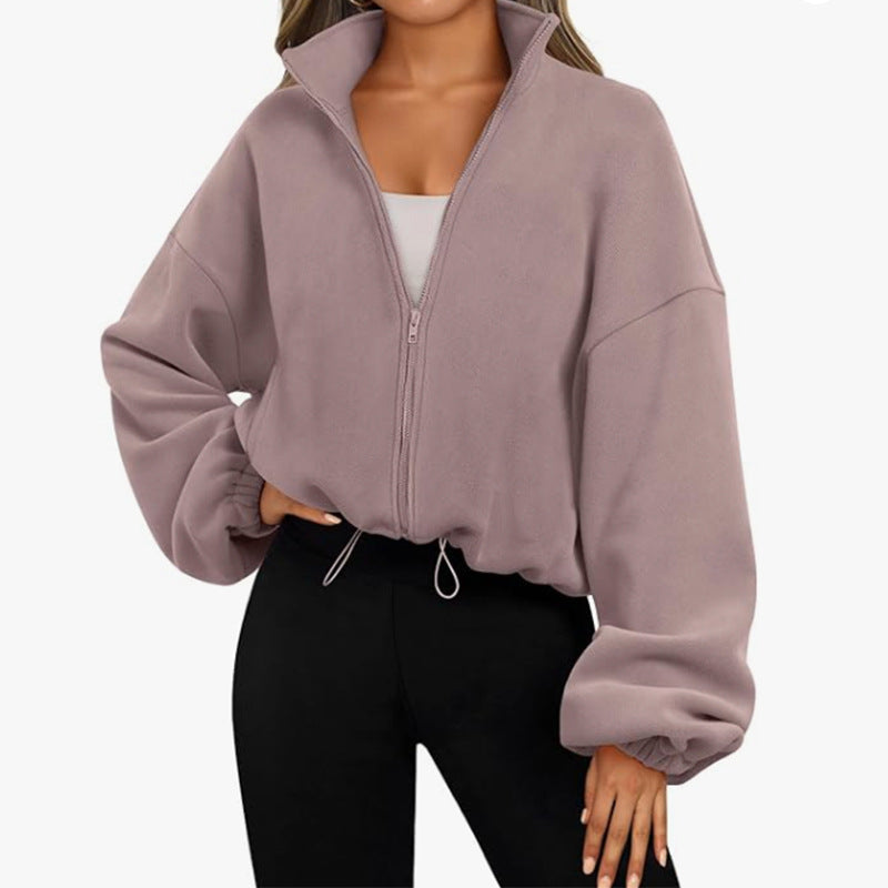 Damen modischer Oversized Pullover mit hohem Kragen und Reißverschluss WW