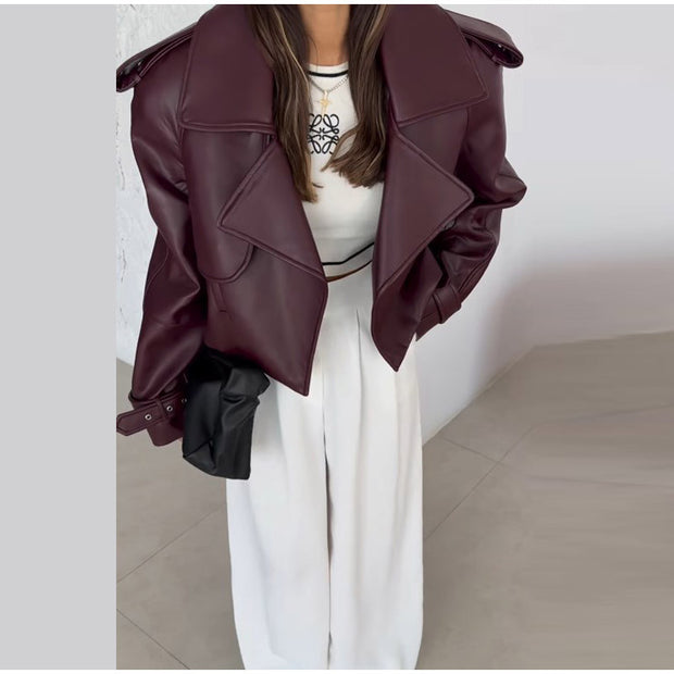 Damen angesagter Biker-Lederjacke mit Oversized-Schnitt WW