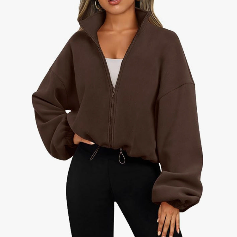 Damen modischer Oversized Pullover mit hohem Kragen und Reißverschluss WW