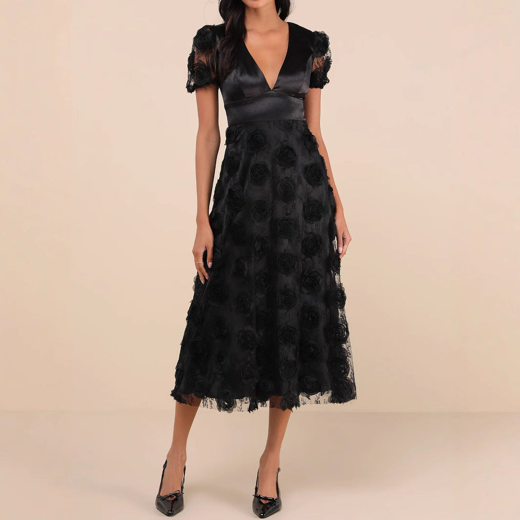 WOLFF | Satin Mesh Spliced V-Ausschnitt Kurzarm Cocktailkleid