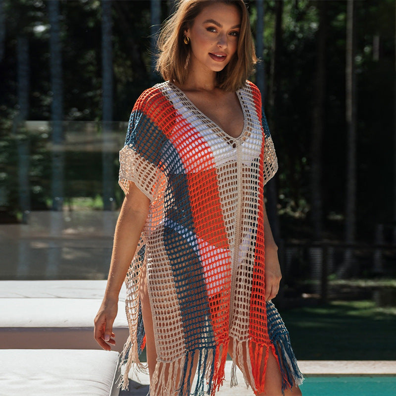 Damen Strandtunika mit modischem Netzdesign und fransenverziertem Saum W&W Mode
