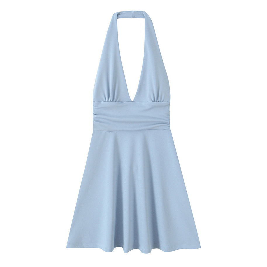Damen Halterkleid mit tiefem V-Ausschnitt und fließendem Rock WW