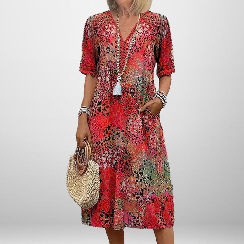 Damen Tunika-Kleid mit auffälligem Muster und modernem V-Ausschnitt W&W Mode