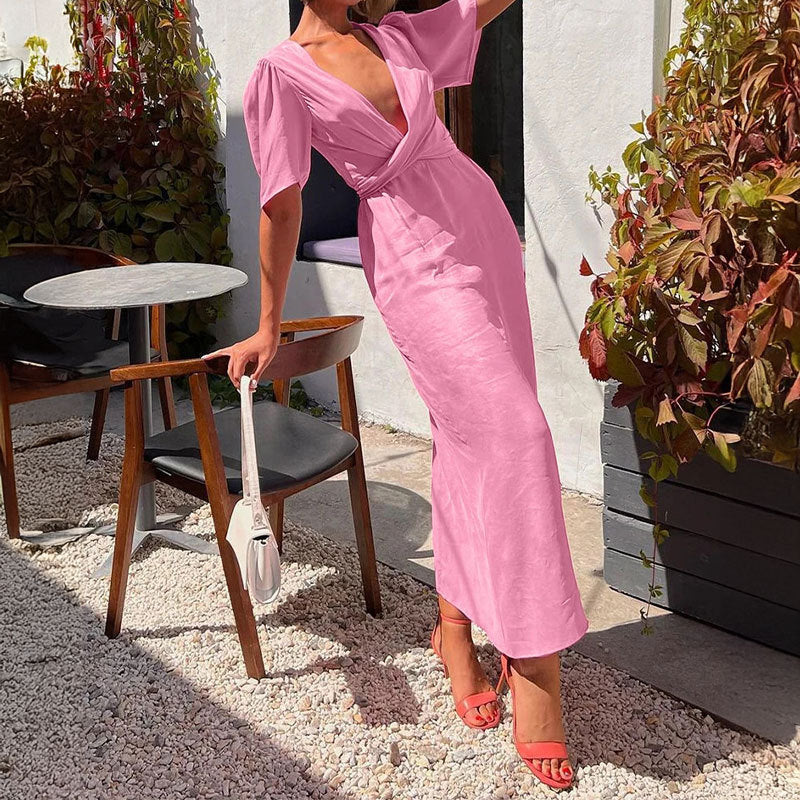 Damen Maxikleid mit tiefem V-Ausschnitt und Puffärmeln W&W Mode