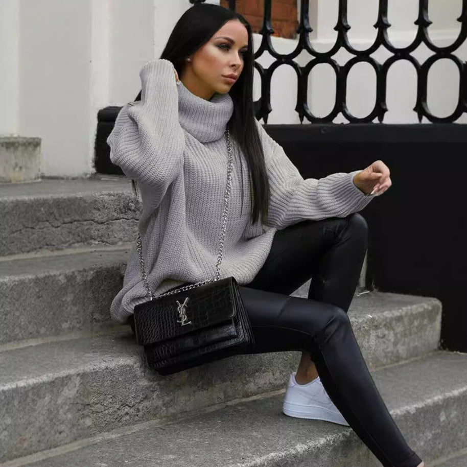 Damen Oversized Pulli mit hohem Kragen und Struktur WW