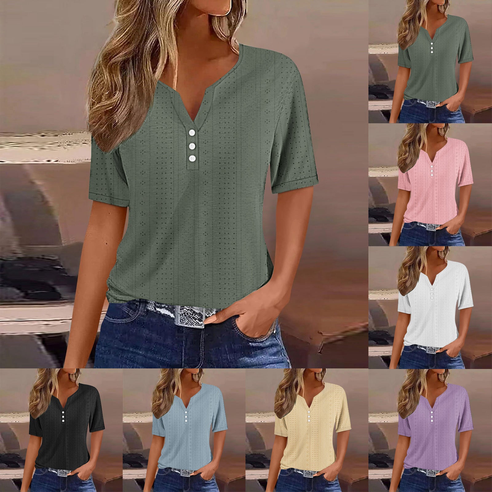 Damen kurzärmeliges T-Shirt mit Knopfdetails und eingewebtem Muster WW