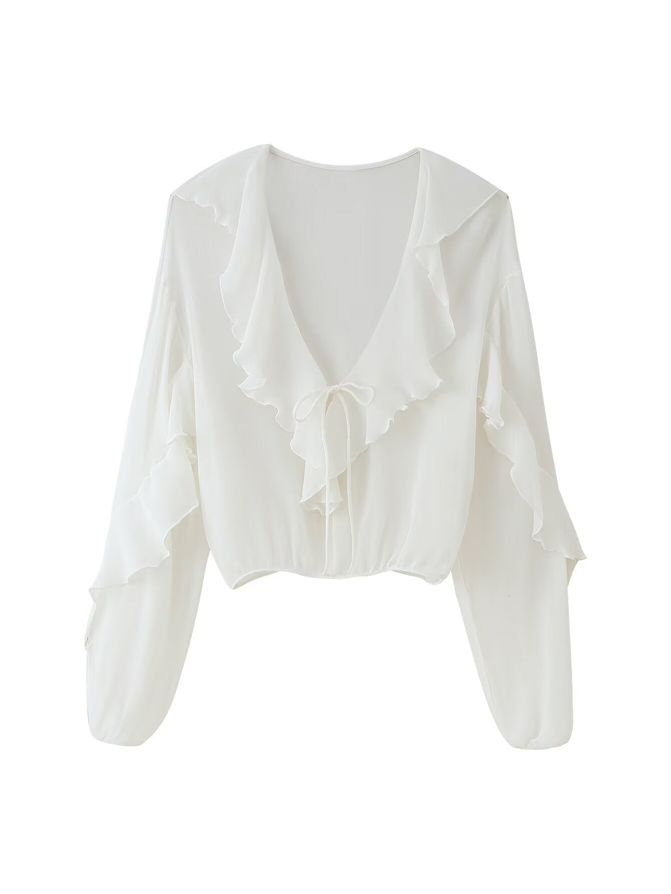 Damen Bluse mit romantischen Rüschen und tiefem V-Ausschnitt WW