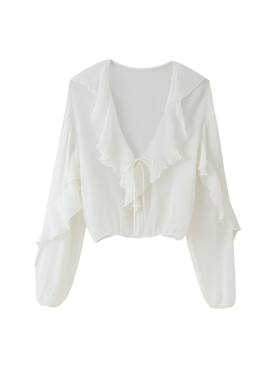Damen Bluse mit romantischen Rüschen und tiefem V-Ausschnitt WW