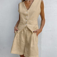 Damen luftiges Leinen-Set mit ärmellosem Blazer und Shorts WW