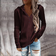Damen Bequeme gestreifte Kapuzenpullover mit Knopfleiste WW