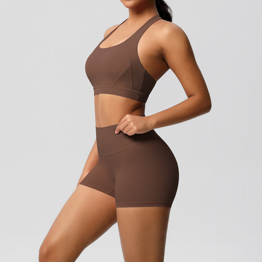 Damen Sport-BH und Hochbund-Shorts Set mit nahtloser Verarbeitung und atmungsaktiven Materialien WW