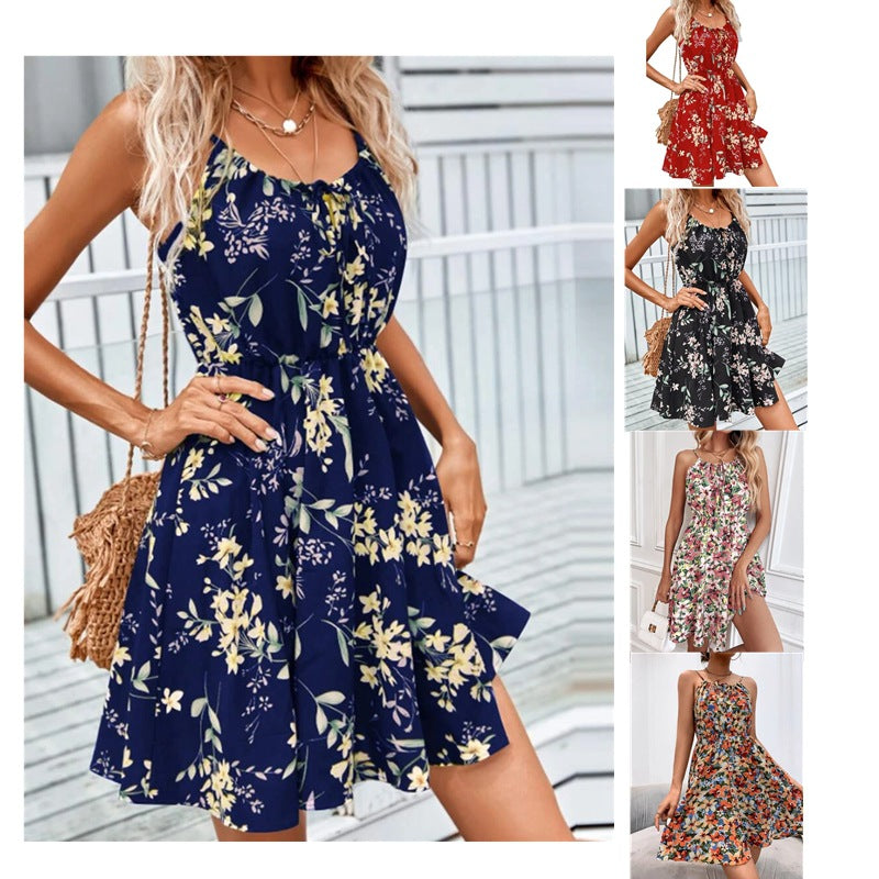 Damen Blumenkleid mit verstellbaren Spaghettiträgern und elastischem Taillenbund WW