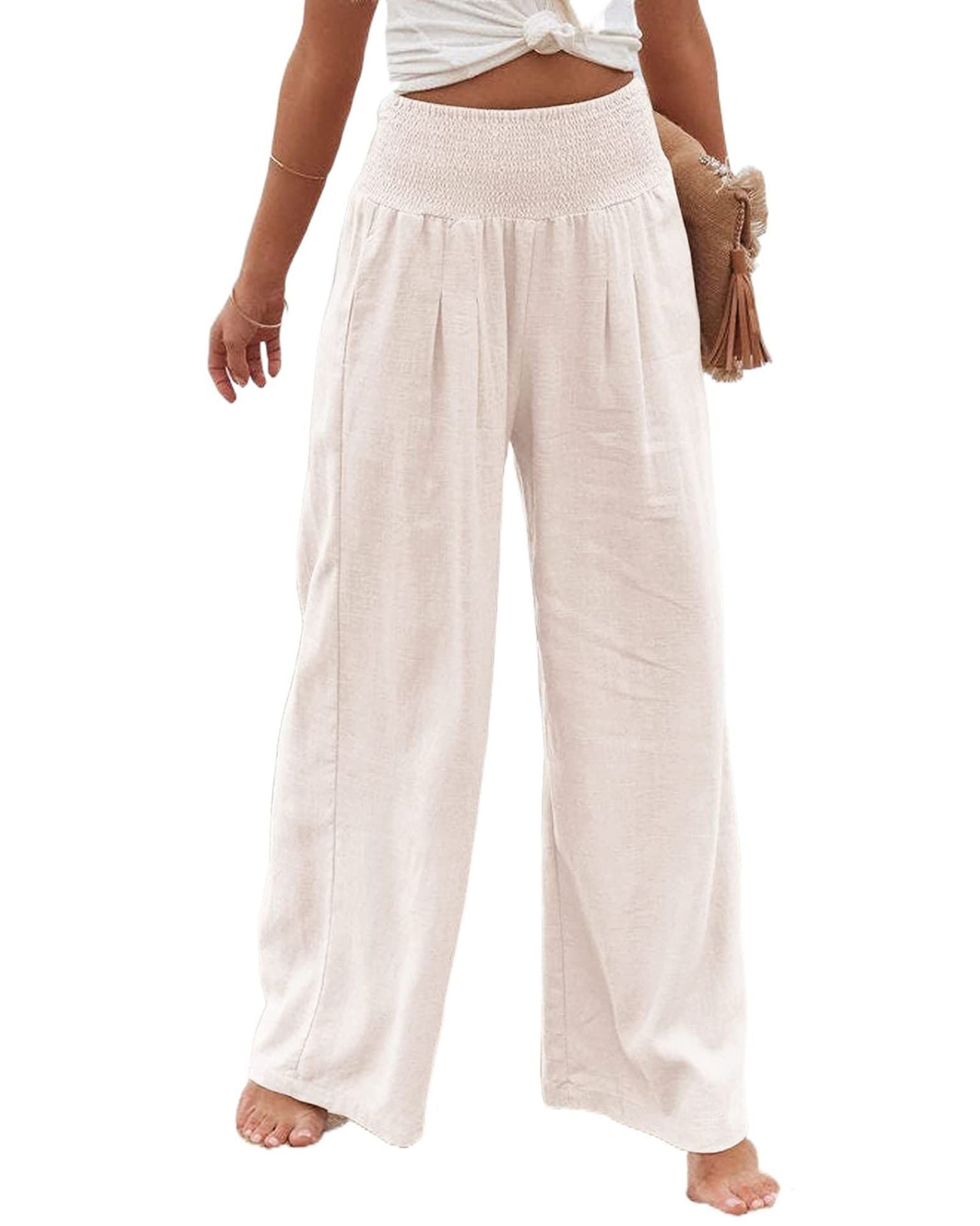 Damen Weite Leinenhose mit elastischem Bund und Falten WW