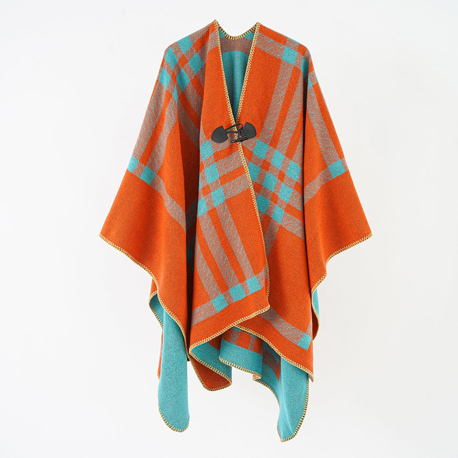 Damen Luxuriöser Geometrischer Poncho aus weichem Material mit dezenter Knopfverzierung WW
