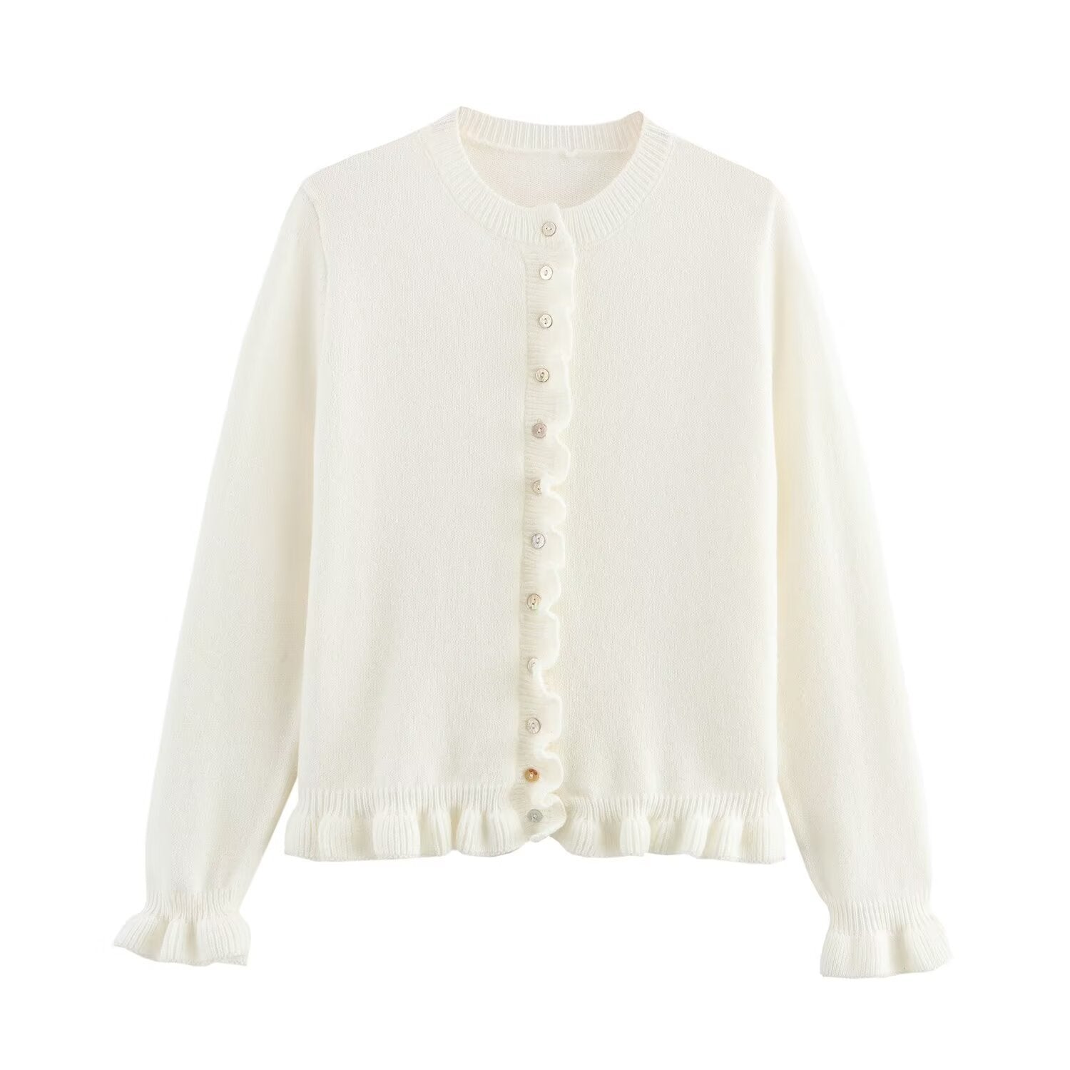 Damen Strickjacke mit dekorativem Rüschensaum und Knopfverschluss WW